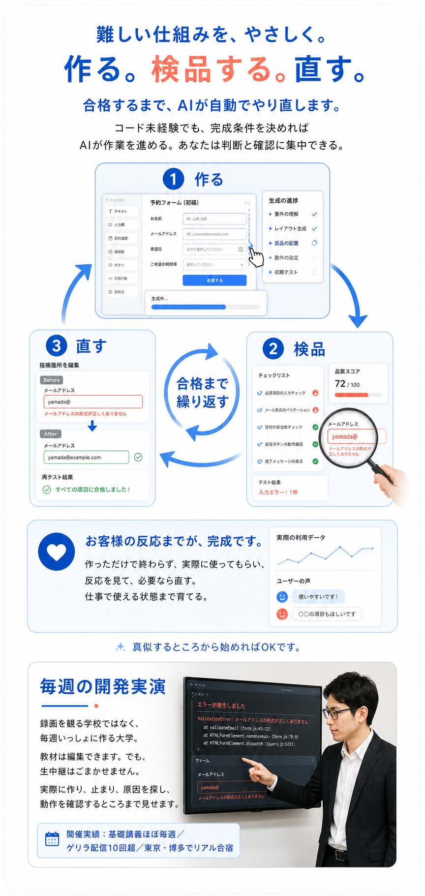 UIの初稿作成、エラー検品、指摘箇所の修正を実際の画面で示し、下部で実写講師1名が解説する。